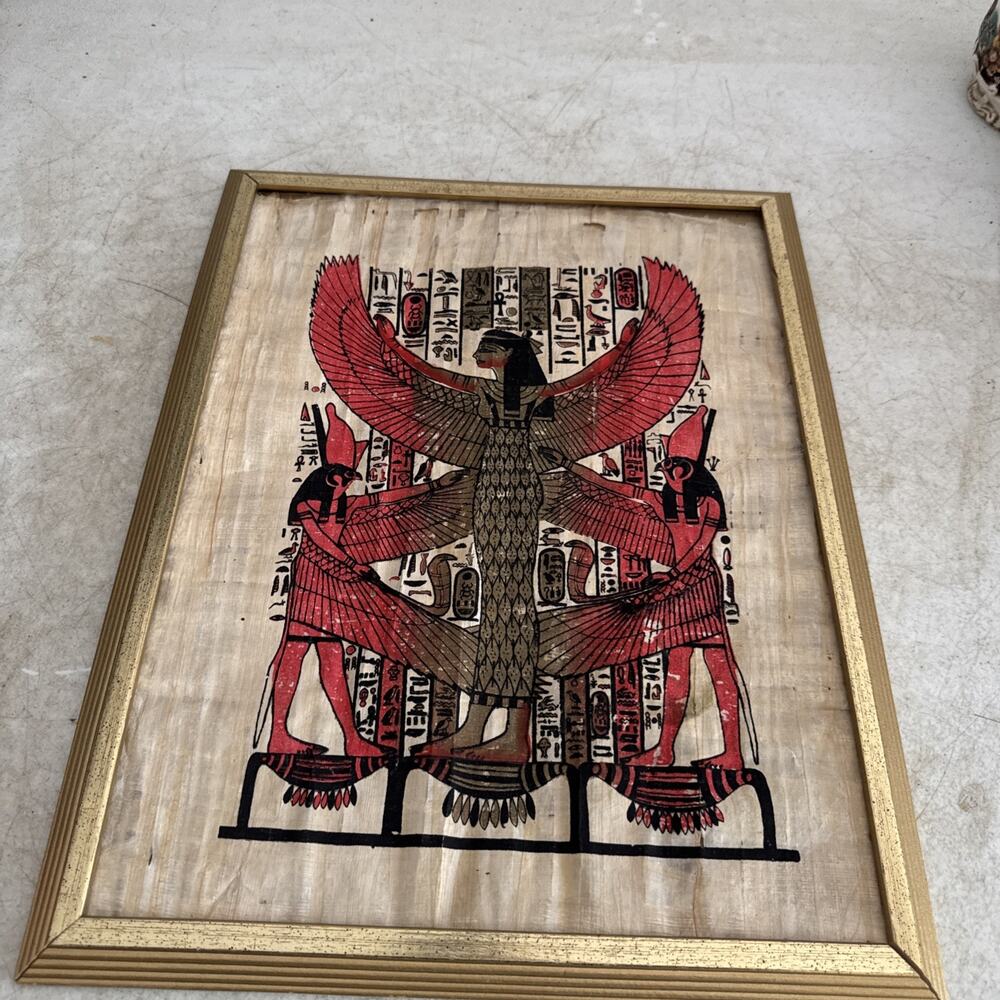 Vintage Egyptian Papyrus Art Winged Goddess Isis Framed 13x17